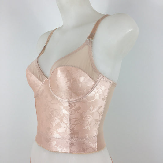 faux vintage 1950s lingerie by pip and pantalaimon. Vintage peachy satin longline bra, inspired by bullet bras, pairs with high waisted pantie girdle knickers with 6 detachable suspender straps with our signature split Y strap, 12 garter clips
