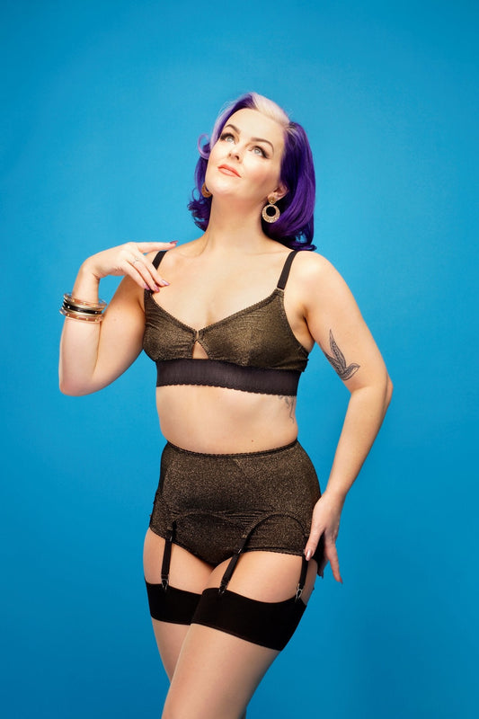 gold glittery lux lurex soft bra, suspender garter belt and big knicker Available in plus size by Pip & Pantalaimon retro and vintage inspired lingerie and shapewear