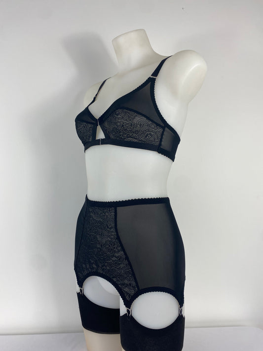 Black Cameo 6 strap mini girdlette in black lace and mesh with six steel suspender straps