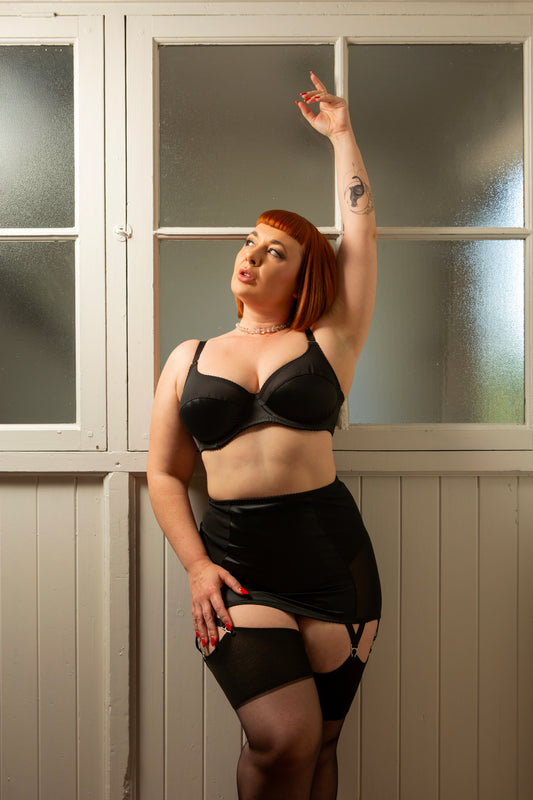 Black Satin black mesh longline girdle with 6 suspender straps. Transparent fetish bettie page inspired lingerie underwear. Girdlette and corselette also available