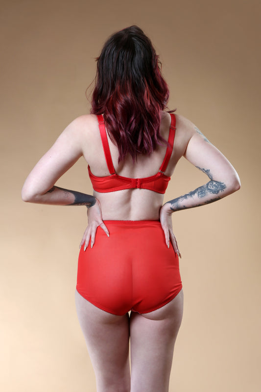 red and pink heart lingerie. vintage inspired soft bralette with pink heart front and red mesh sides, perfect for valentines cheesecake pin ups, front fastening soft vintage style bullet bra A fun, bold, playful retro inspired underwear set