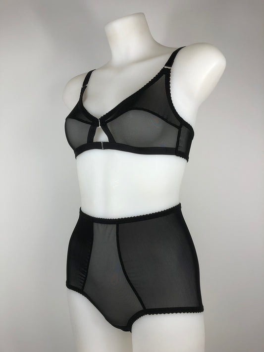 Sheer see through black mesh pantie girdle. High waisted knicker brief. Transparent fetish bettie page pin up inspired lingerie underwear. Girdlette, soft bra and underwired corselette also available