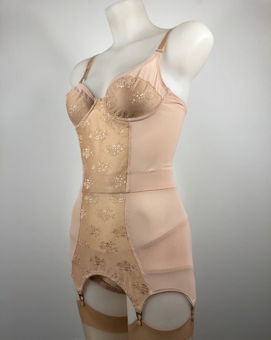 Peachy Beige lace lingerie. 1950s nude faux vintage underwear range odette. Offering longline bra, longline girdle, 6 strap garter belt and pantie girdle high waisted knickers with detachable suspender straps