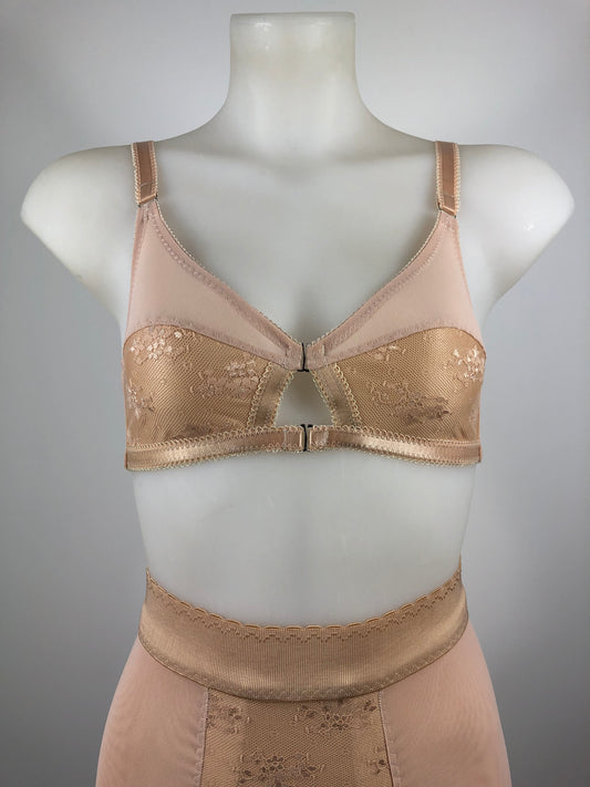Peachy Beige lace lingerie. 1950s nude faux vintage underwear range odette. Offering longline bra, longline girdle, 6 strap garter belt and pantie girdle high waisted knickers with detachable suspender straps