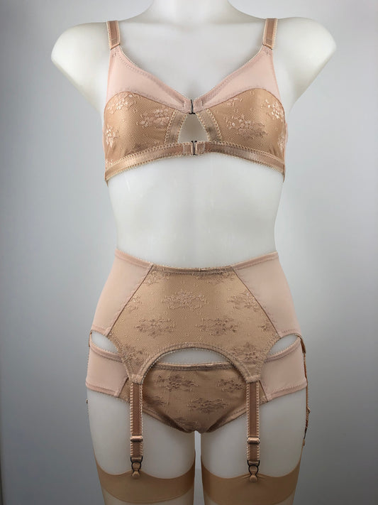 Peachy Beige lace lingerie. 1950s nude faux vintage underwear range odette. Offering longline bra, longline girdle, 6 strap garter belt and pantie girdle high waisted knickers with detachable suspender straps