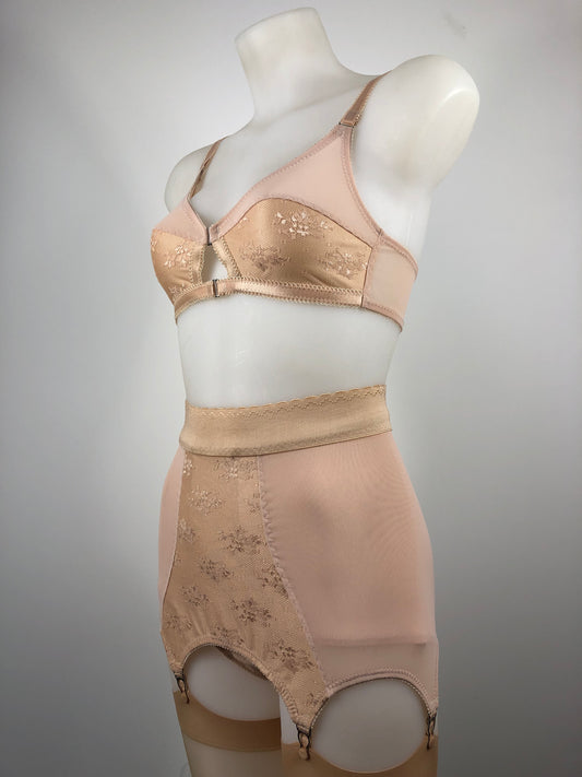 Peachy Beige lace lingerie. 1950s nude faux vintage underwear range odette. Offering longline bra, longline girdle, 6 strap garter belt and pantie girdle high waisted knickers with detachable suspender straps