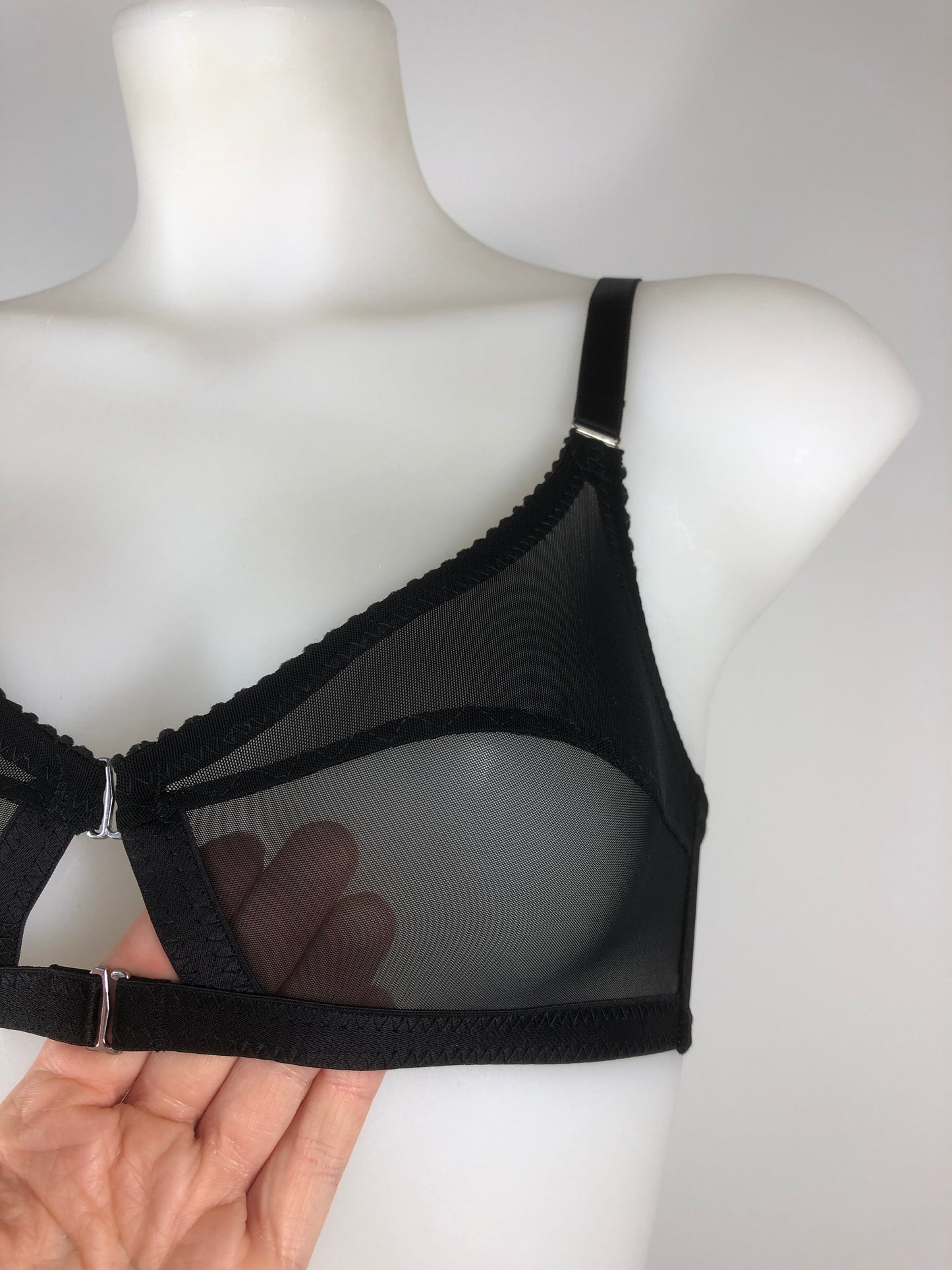 Sheer see through black mesh soft bra bralette, front fastening with two hooks. Transparent fetish bettie page inspired lingerie underwear. Longline girdle and Girdlette and corselette also available