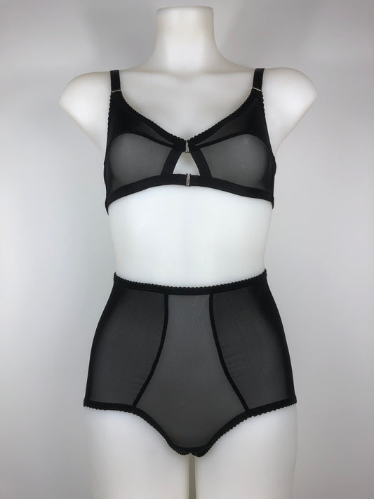 Sheer see through black mesh pantie girdle. High waisted knicker brief. Transparent fetish bettie page pin up inspired lingerie underwear. Girdlette, soft bra and underwired corselette also available