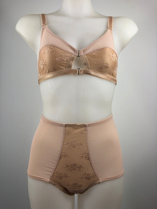 Peachy Beige lace lingerie. 1950s nude faux vintage underwear range odette. Offering longline bra, longline girdle, 6 strap garter belt and pantie girdle high waisted knickers with detachable suspender straps