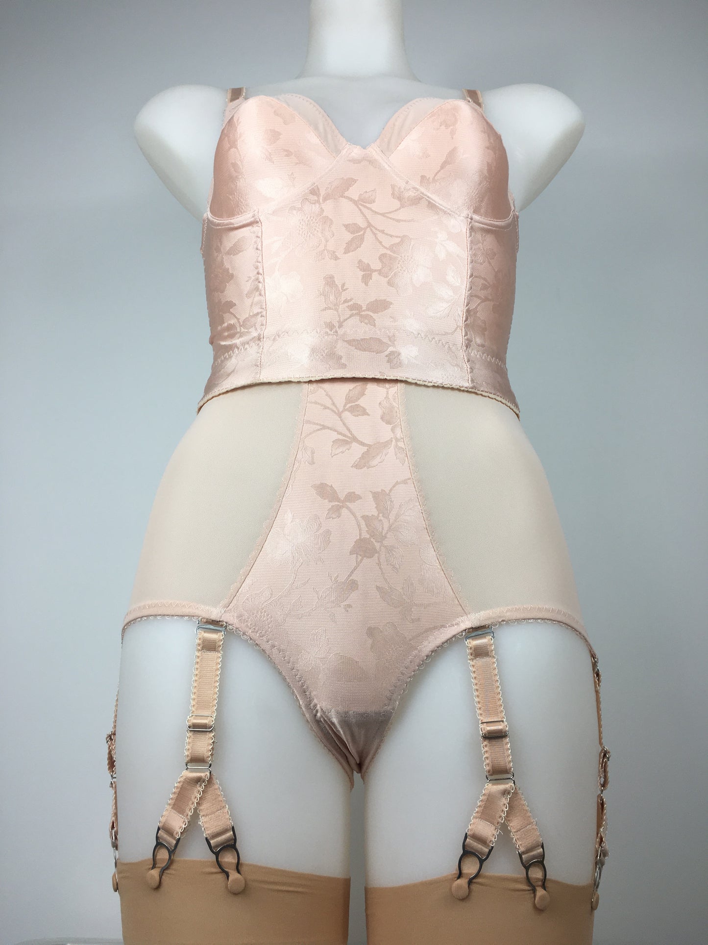 Our most authentic looking vintage inspired lingerie yet. Perfect peachy satin pantie girdle or high waisted knicker with 6 detachable Y straps, characteristic of pip and pantalaimon. Nude big shapewear knickers with garter straps to keep your seamed stockings in place all day. Fabulous faux and reproduction lingerie made in the uk
