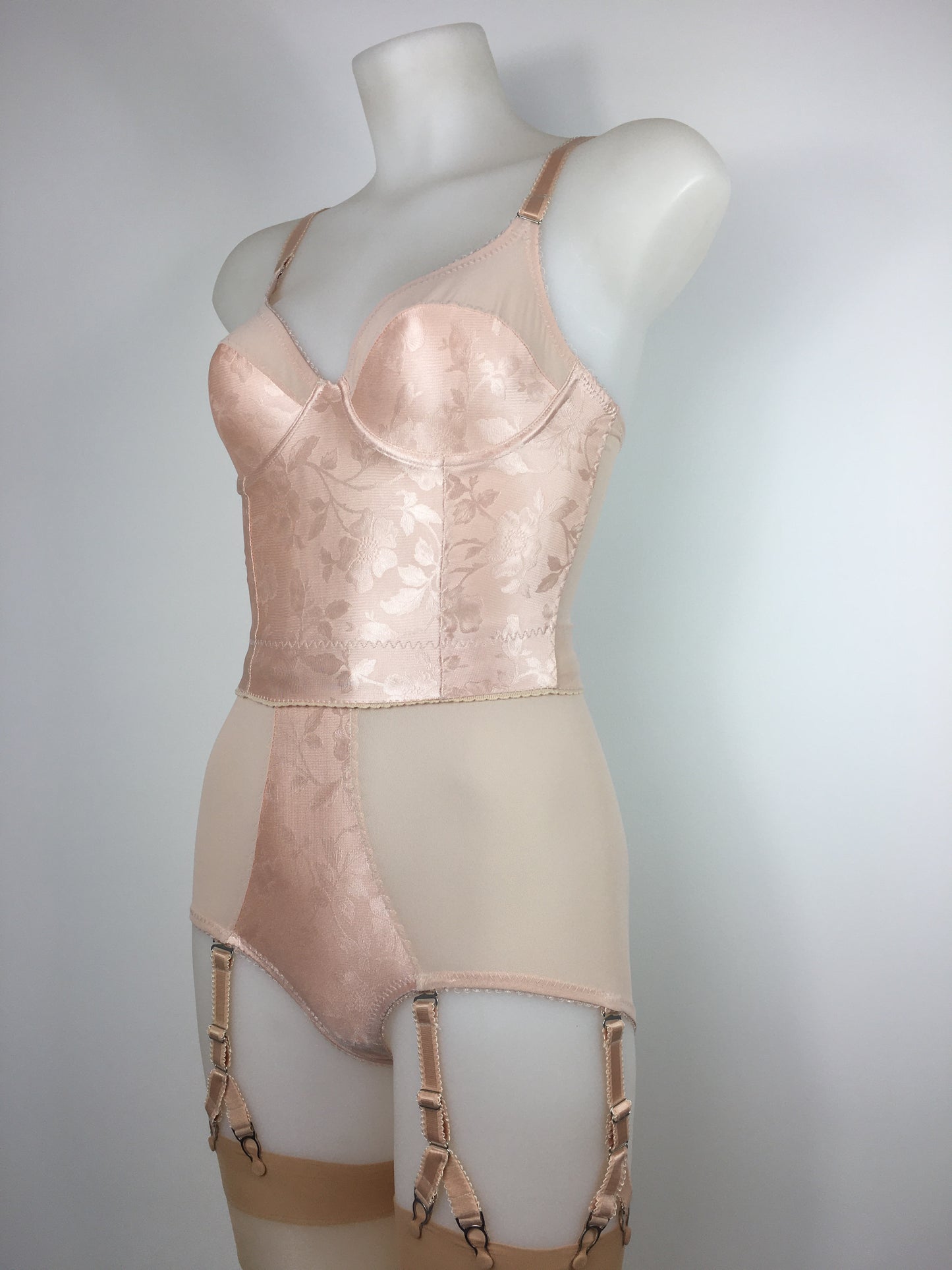 Our most authentic looking vintage inspired lingerie yet. Perfect peachy satin pantie girdle or high waisted knicker with 6 detachable Y straps, characteristic of pip and pantalaimon. Nude big shapewear knickers with garter straps to keep your seamed stockings in place all day. Fabulous faux and reproduction lingerie made in the uk