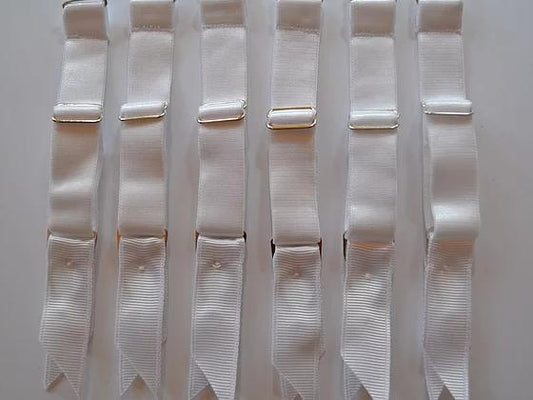 detachable suspender garter straps for lingerie and underwear. adjustable and removable replacementsWHITE ADJUSTABLE detachable suspender garter clips with hook for stockings. retro and vintage lingerie by Pip & Pantalaimon. white 15mm wide elastic with strong silver steel garter grips