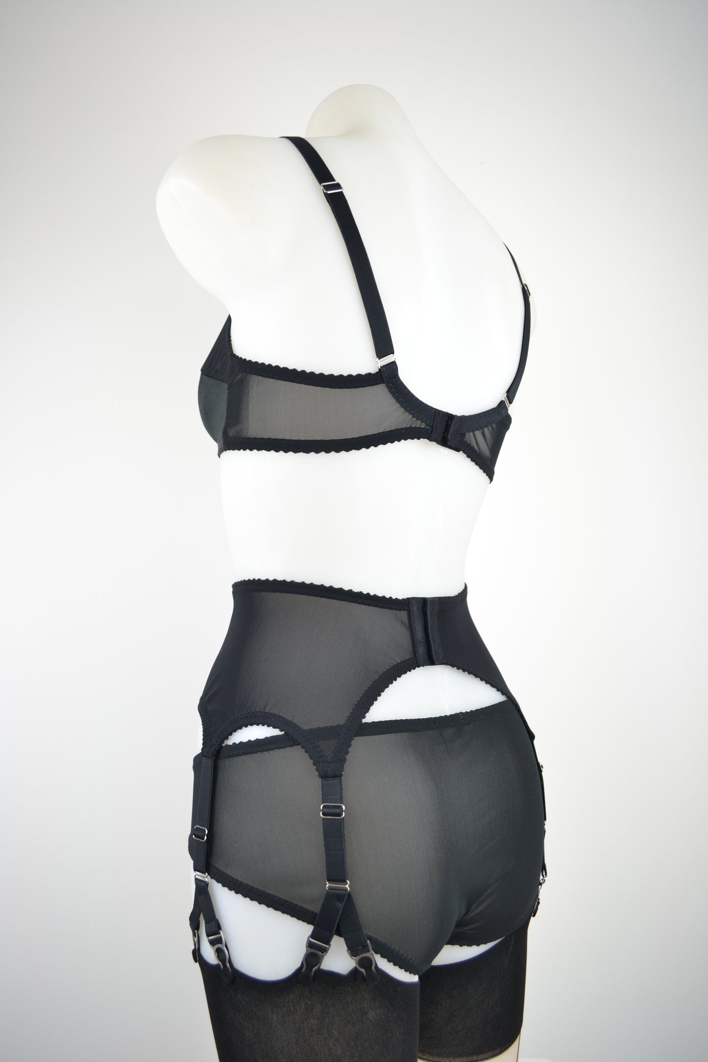 black sheer mesh 6 strap suspender belt y strap garter belt. Vintage, retro fetish inspired lingerie and underwear by Pip & Pantalaimon. Transgender non-binary underwear and lingerie