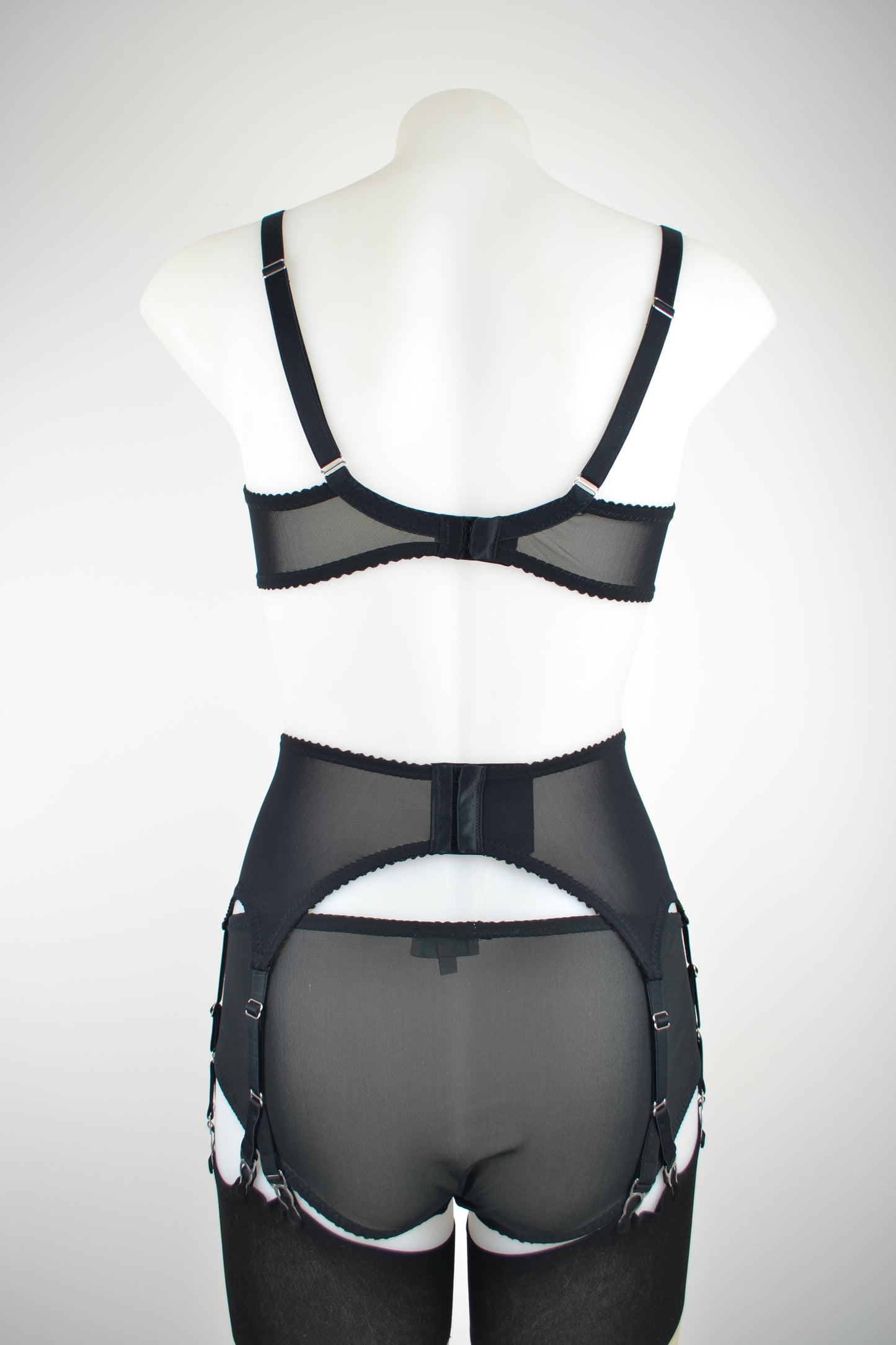 black sheer mesh 6 strap suspender belt y strap garter belt. Vintage, retro fetish inspired lingerie and underwear by Pip & Pantalaimon. Transgender non-binary underwear and lingerie