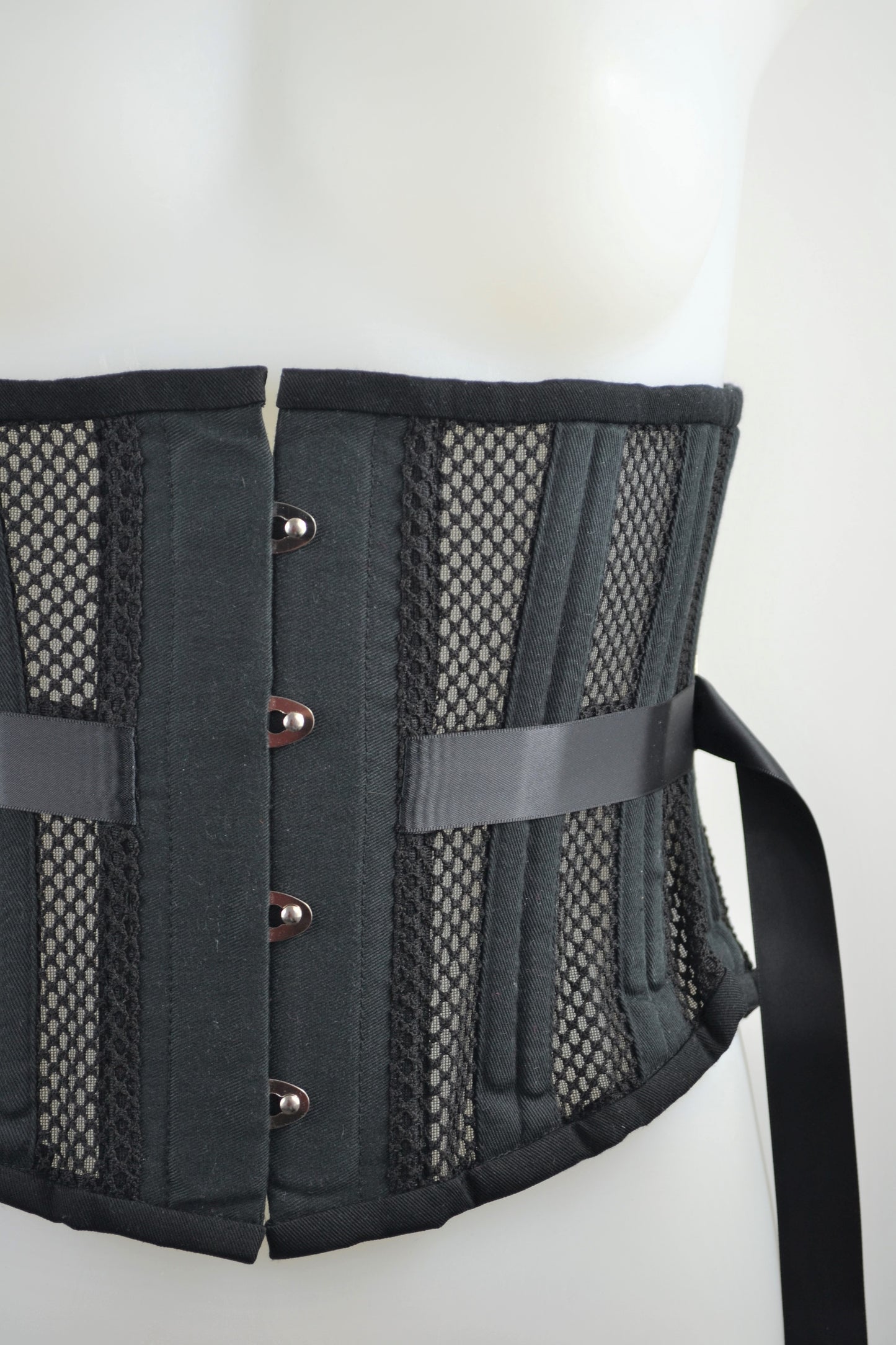 fan lace corset plus size underbust black mesh corset, retro and vintage lingerie made in the uk ethically and sustainably by pip and pantalaimon