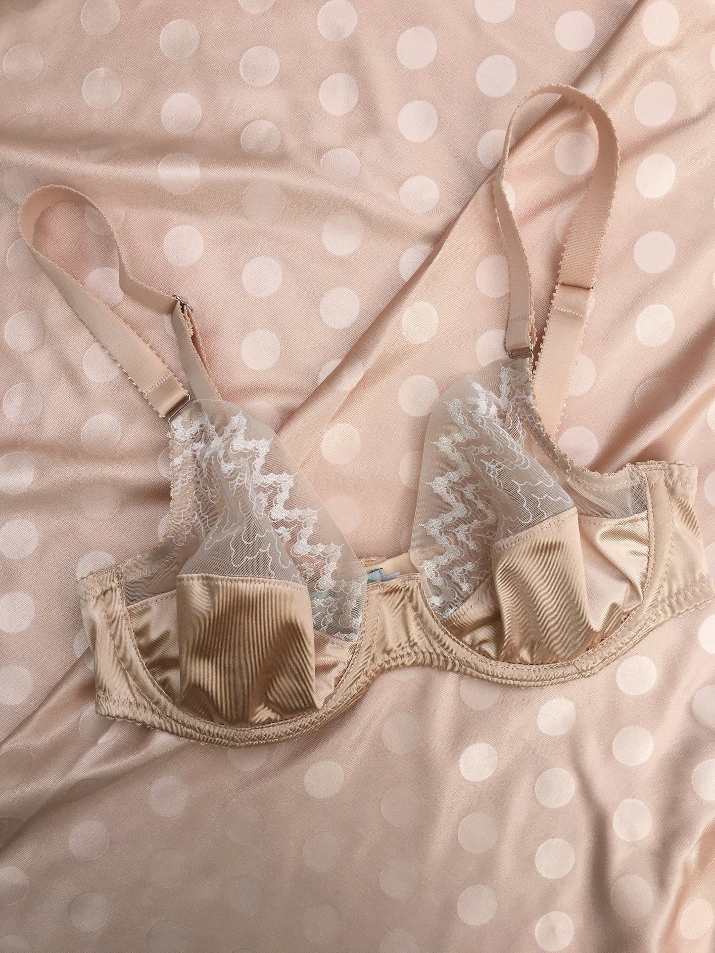 1920s inspired lingerie with art deco style sheer tulle embroidery. 1930s vintage style underwear, perfect for great Gatsby themes events. Art deco underwired bra with sheer retro art deco lace, six strap suspender belt and classic cut pantie knicker. Steel garter clips. Burlesque sheer nude skin peach biscotti lingerie and underwear made in the UK.