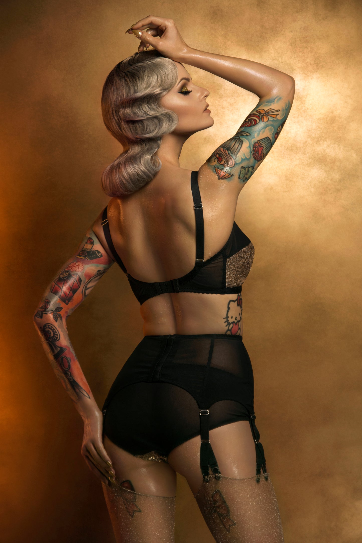 vintage inspired glitter sequin underwear. retro lingerie perfect for burlesque. gold sequin bralette, soft bra glittery showgirl six straps suspender belt and classic cut burlesque knicker by pip and pantalaimon