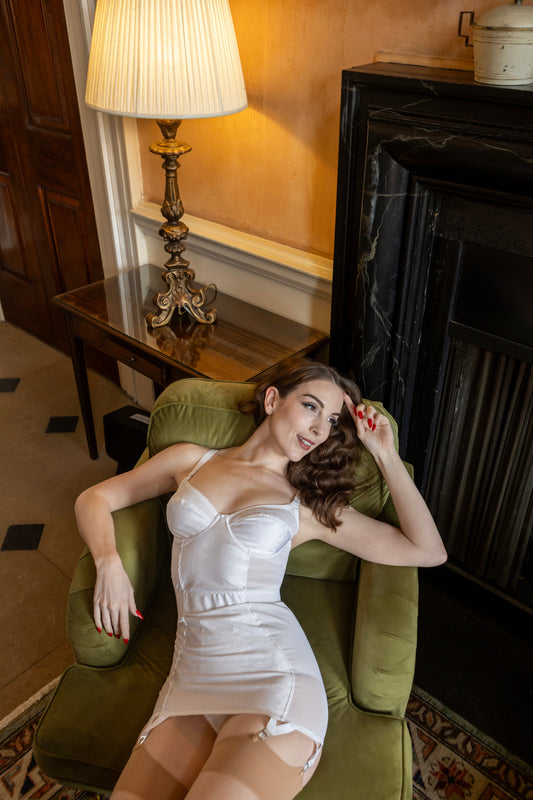 White Clematis vintage-inspired corselette handmade in the UK with floral fabric and longline girdle design