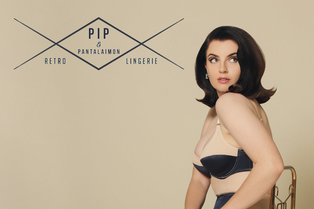 retro vintage inspired lingerie by pip and pantalaimon. Vintage suspender belt. six strap garter belt, pantie girdle, high waisted knickers, underwired bra. retro shapewear, ethical and sustainable lingerie made in the uk