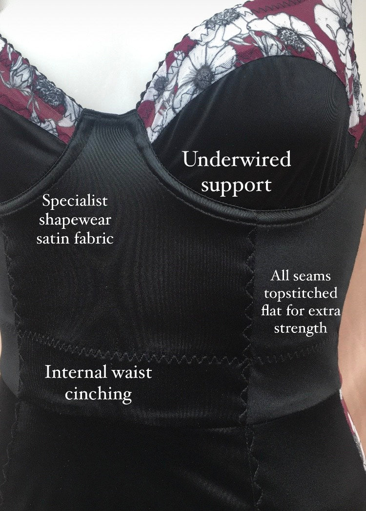 underwired corselette with waist cinching and 6 metal suspender clips, available in plus size, up to a G cup
