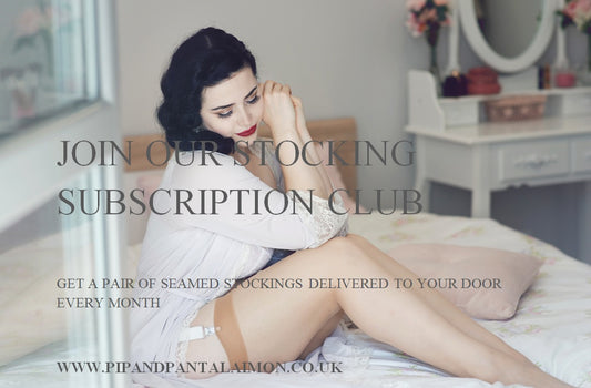 monthly stocking subscription club box Available in plus size by Pip & Pantalaimon retro and vintage inspired lingerie and shapewear