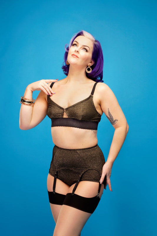 gold sparkly lux lurex lingerie Available in plus size by Pip & Pantalaimon retro and vintage inspired lingerie and shapewear