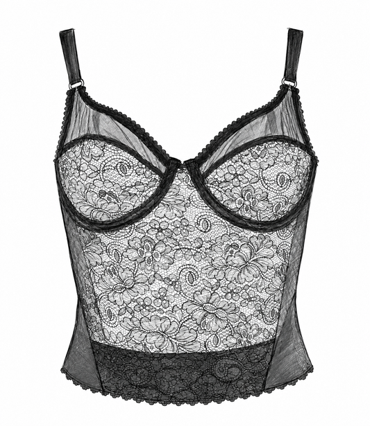 Black Cameo longline underwired bra in black lace and mesh with supportive longline waistband