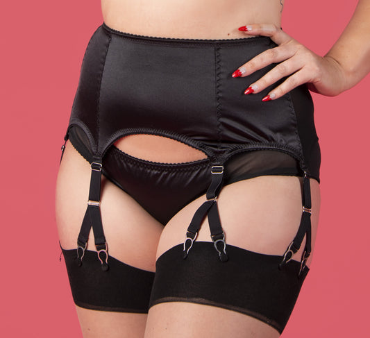black waspie waist cincher with detachable y straps for stockings. Available in plus size by Pip & Pantalaimon retro and vintage inspired lingerie and shapewear