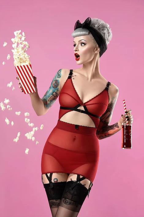 red beating heart corselette Available in plus size by Pip & Pantalaimon retro and vintage inspired lingerie and shapewear