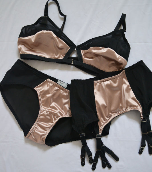 oyster satin 6 y strap garter suspender belt, front fastening soft bra and classic knicker made in the uk Available in plus size by Pip & Pantalaimon retro and vintage inspired lingerie and shapewear