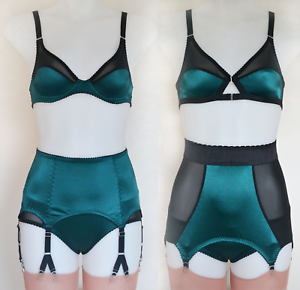peacock satin y strap garter suspender belt and soft front fastening bra  Available in plus size by Pip & Pantalaimon retro and vintage inspired lingerie and shapewear