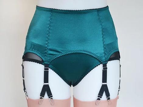 6 y strap peacock satin suspender garter belt Available in plus size by Pip & Pantalaimon retro and vintage inspired lingerie and shapewear