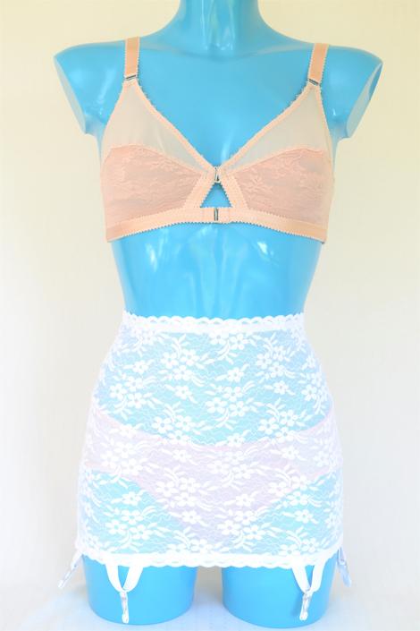 white lace six strap roll on long line girdle Available in plus size by Pip & Pantalaimon retro and vintage inspired lingerie and shapewear made in the uk