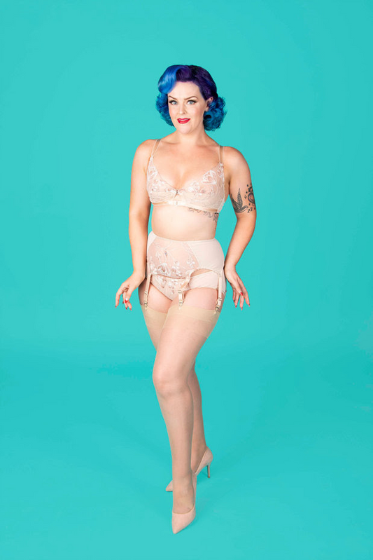 sheer tulip embroidery soft bra, garter belt and classic cut knicker. Vintage and retro inspired lingerie by Pip & Pantalaimon