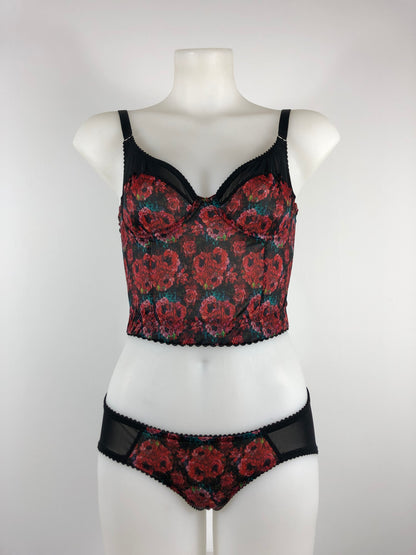 love witch inspired lingerie set. extra longline underwired bra inspired by the anna biller film. Used a rich red floral brocade style pattern with black mesh and trims. Ideal gothic, spiritual, witchy underwear