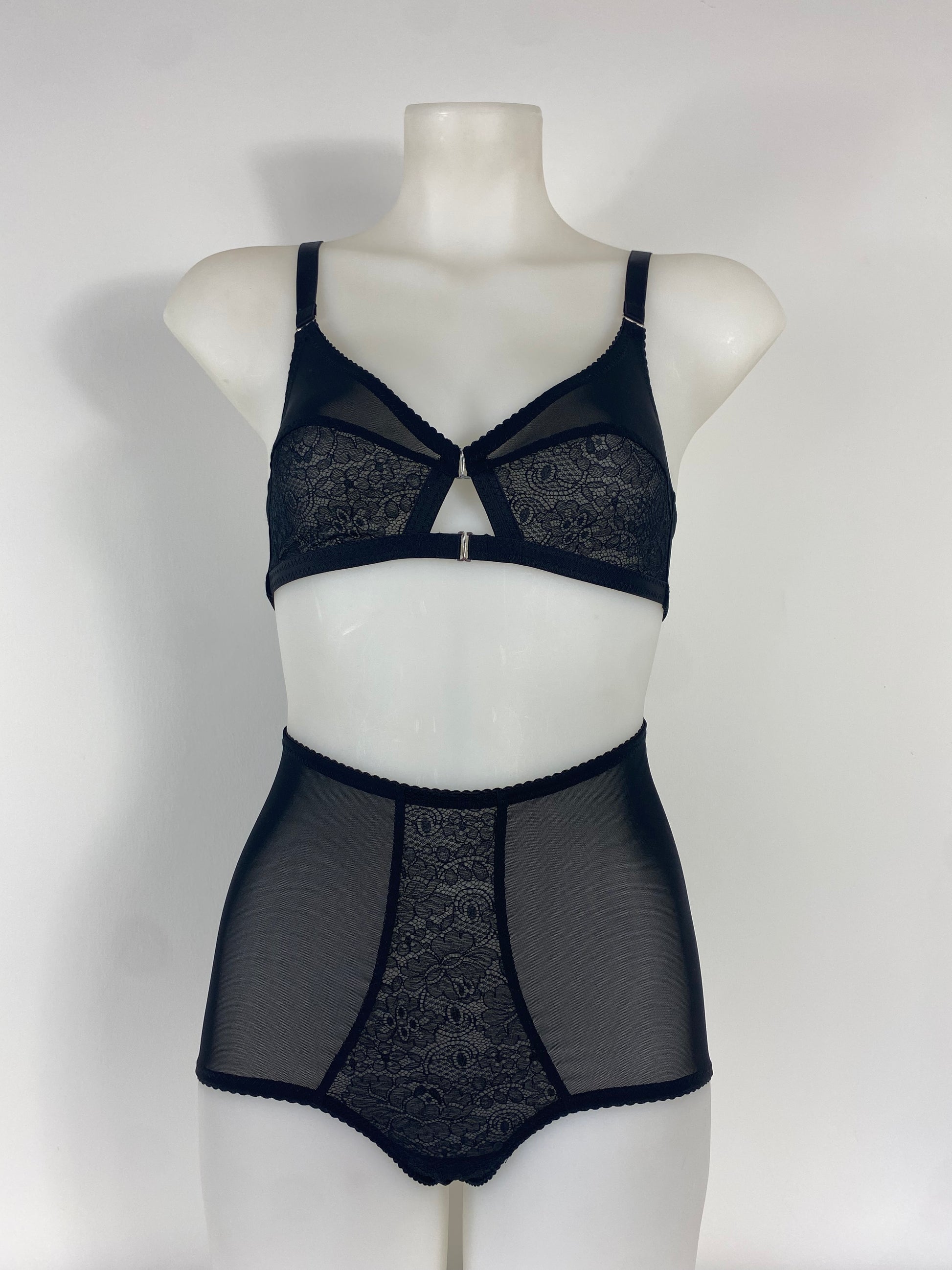 Black Cameo high waisted black lace knicker with one-piece shaping mesh body and no side or back seams