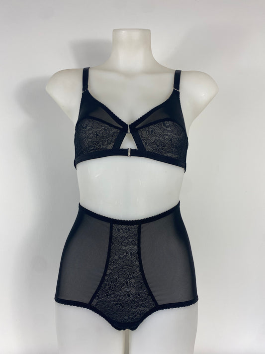 Black Cameo high waisted black lace knicker with one-piece shaping mesh body and no side or back seams