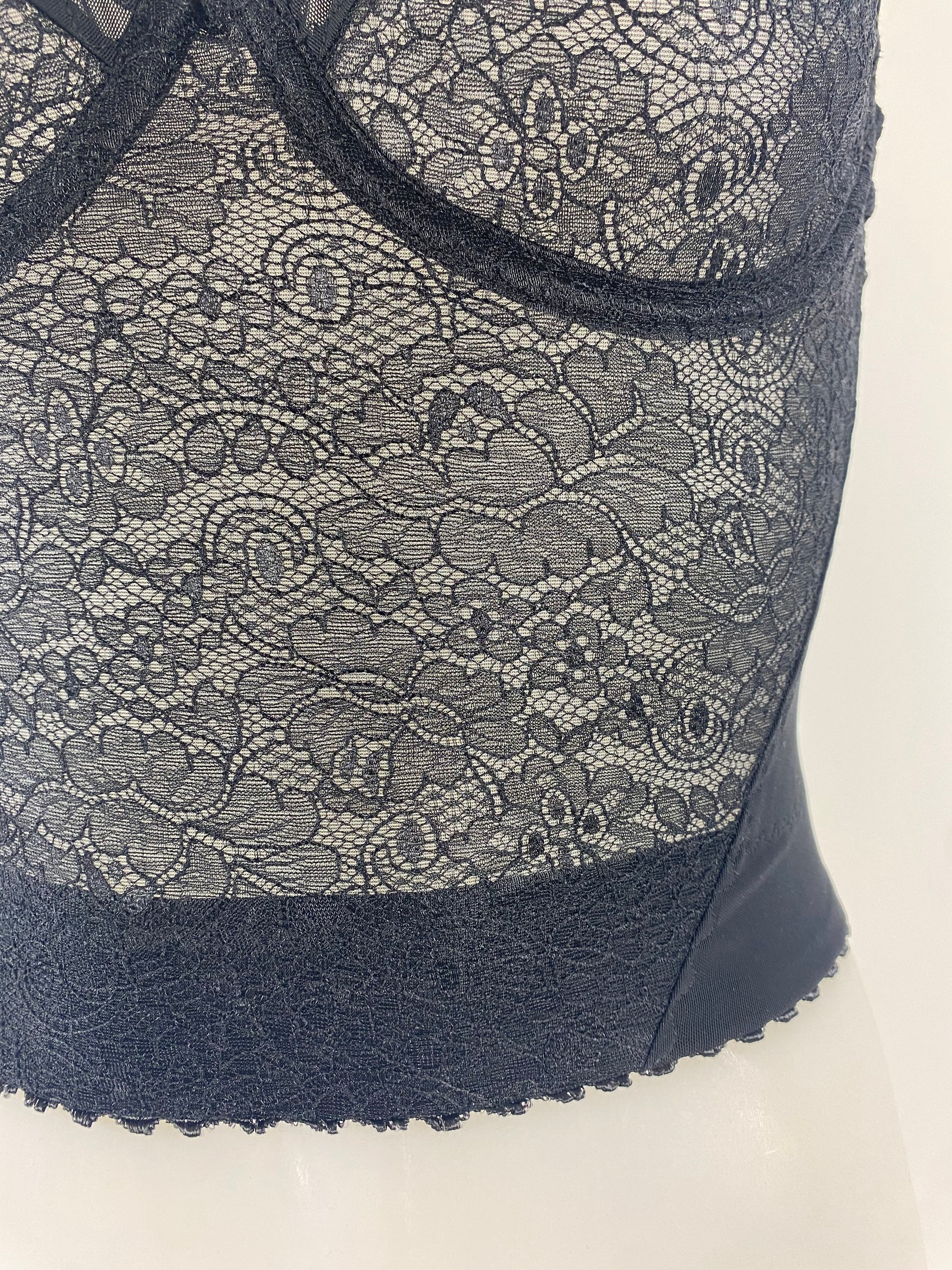 Black Cameo longline underwired bra in black lace and mesh with supportive longline waistband