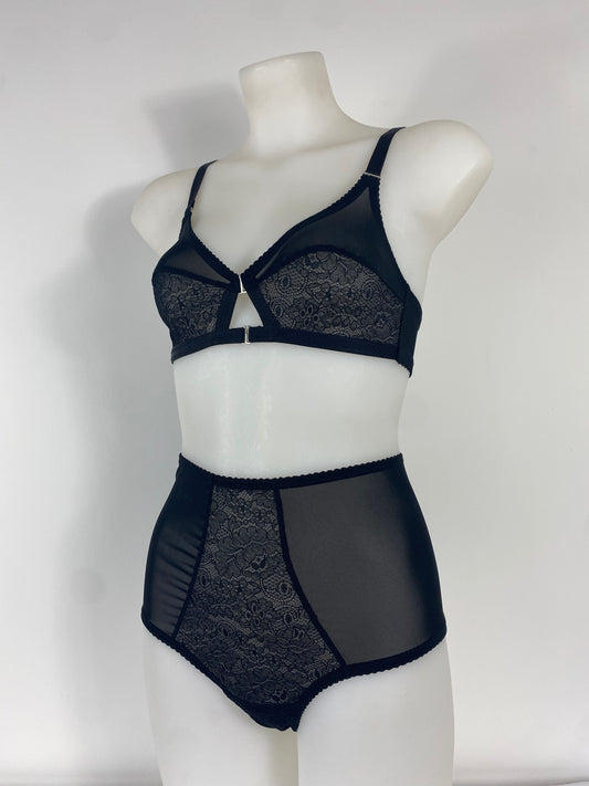 Black Cameo high waisted black lace thong with one-piece shaping mesh body and no side or back seams
