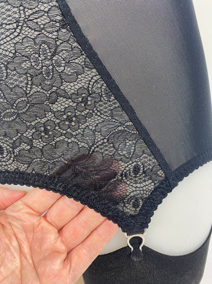 Black Cameo 6 strap mini girdlette in black lace and mesh with six steel suspender straps