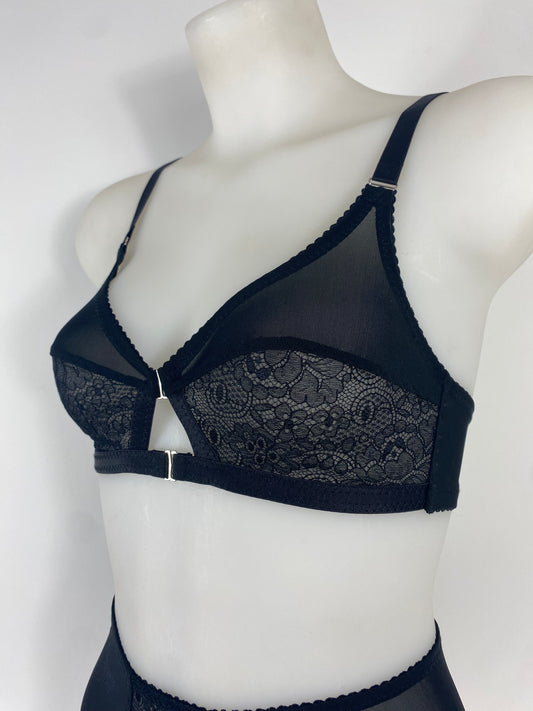 Black Cameo soft bra in black lace and mesh with full coverage vintage-inspired cups and front fastening