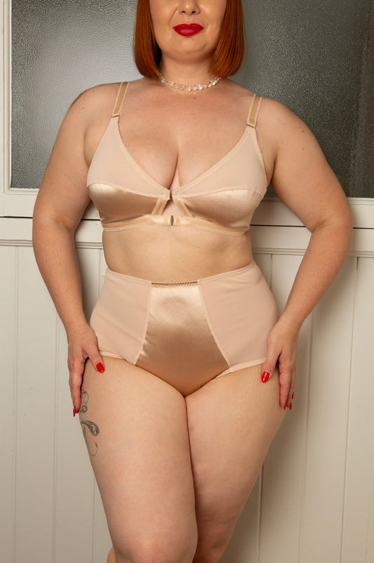 Biscotti satin high waisted thong in s vintage 1950s style.