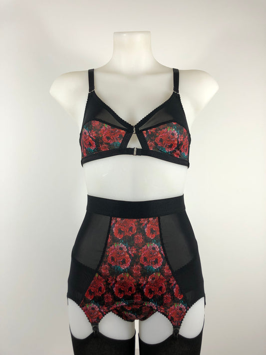 love witch inspired lingerie set. Soft front fastening bra and size strap girdlette inspired by the anna biller film. Used a rich red floral brocade style pattern with black mesh and trims. Ideal gothic, spiritual, witchy underwear