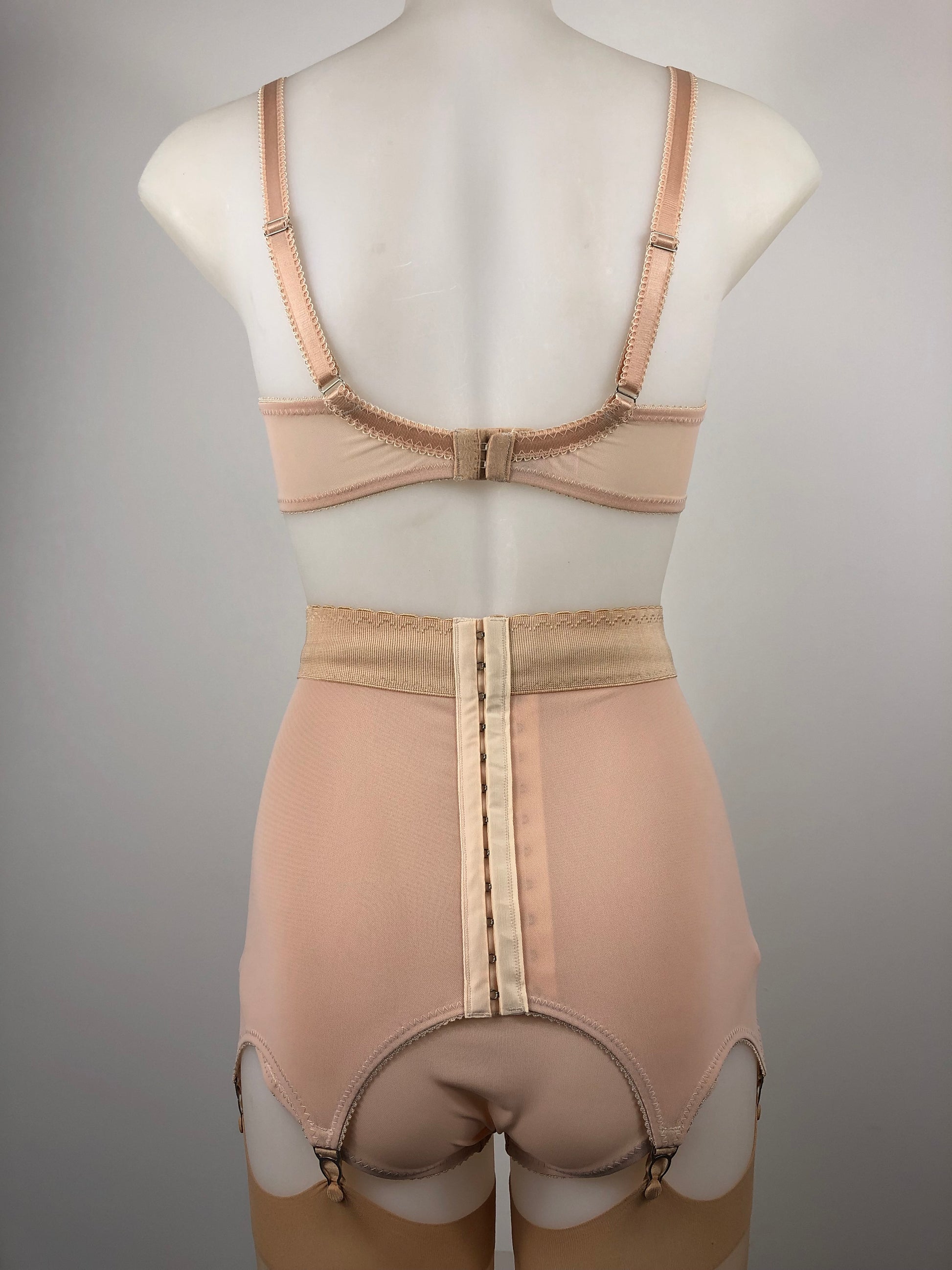 Peachy Beige lace lingerie. 1950s nude faux vintage underwear range odette. Offering longline bra, longline girdle, 6 strap garter belt and pantie girdle high waisted knickers with detachable suspender straps