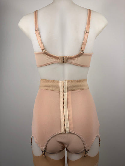 Peachy Beige lace lingerie. 1950s nude faux vintage underwear range odette. Offering longline bra, longline girdle, 6 strap garter belt and pantie girdle high waisted knickers with detachable suspender straps