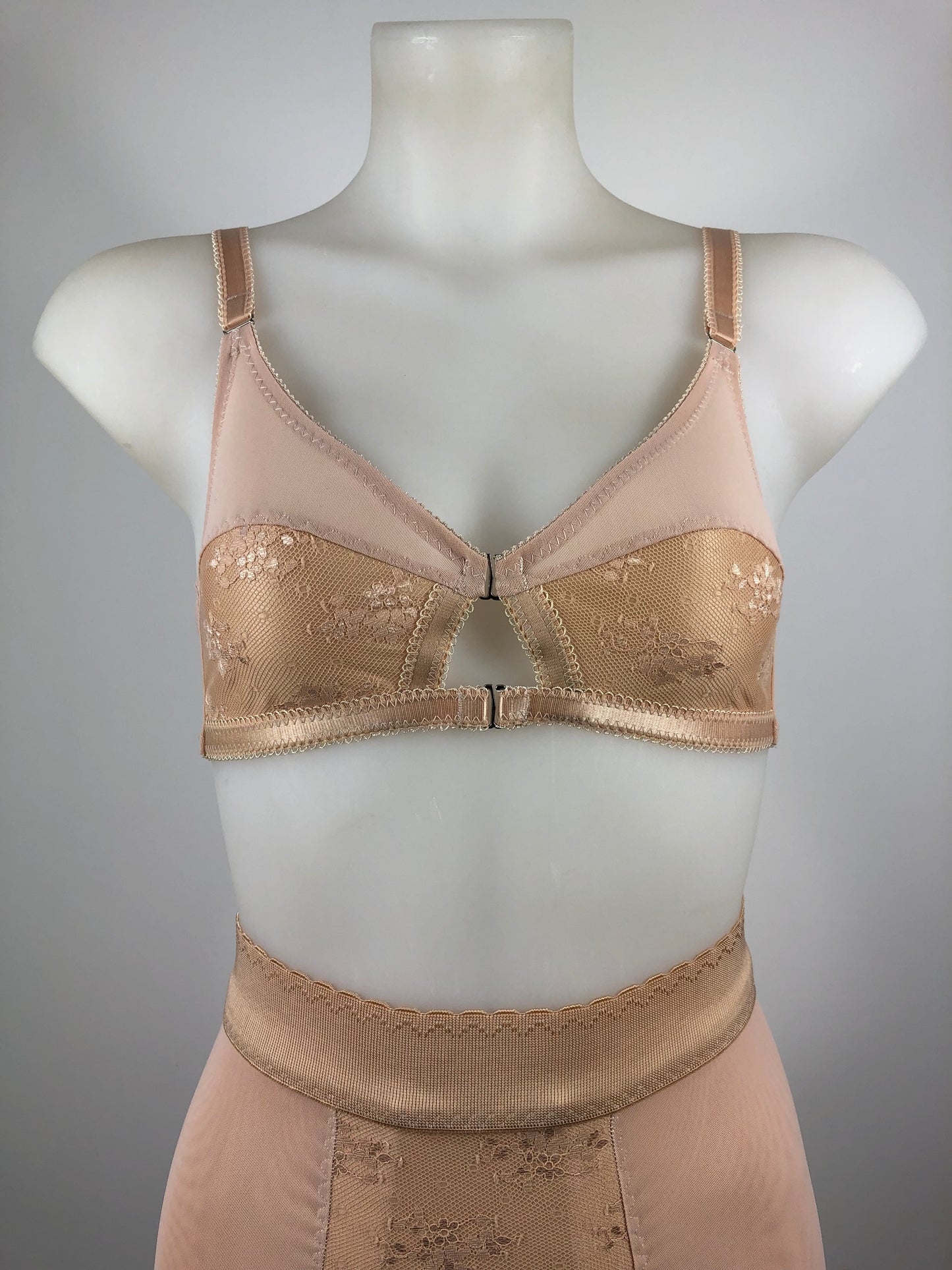 Peachy Beige lace lingerie. 1950s nude faux vintage underwear range odette. Offering longline bra, longline girdle, 6 strap garter belt and pantie girdle high waisted knickers with detachable suspender straps