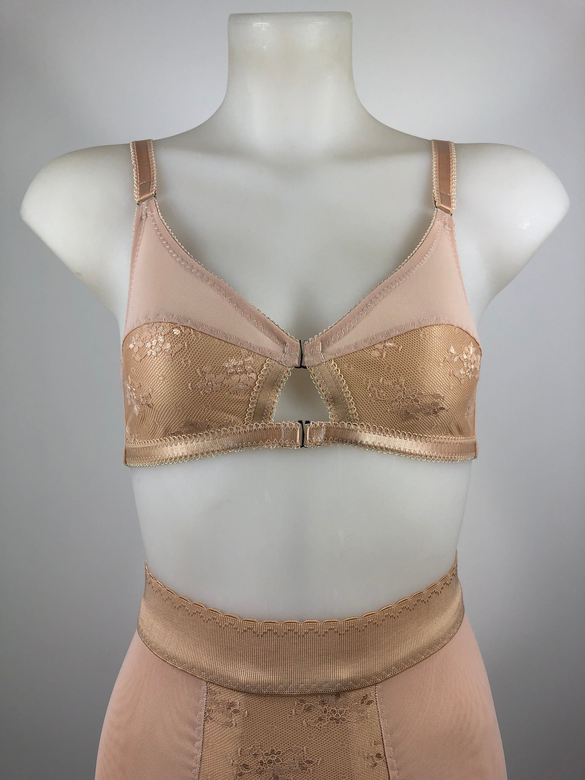 Peachy Beige lace lingerie. 1950s nude faux vintage underwear range odette. Offering longline bra, longline girdle, 6 strap garter belt and pantie girdle high waisted knickers with detachable suspender straps