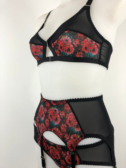 love witch inspired lingerie set. six strap garter suspender belt inspired by the anna biller film. Used a rich red floral brocade style pattern with black mesh and trims. Ideal gothic, spiritual, witchy underwear