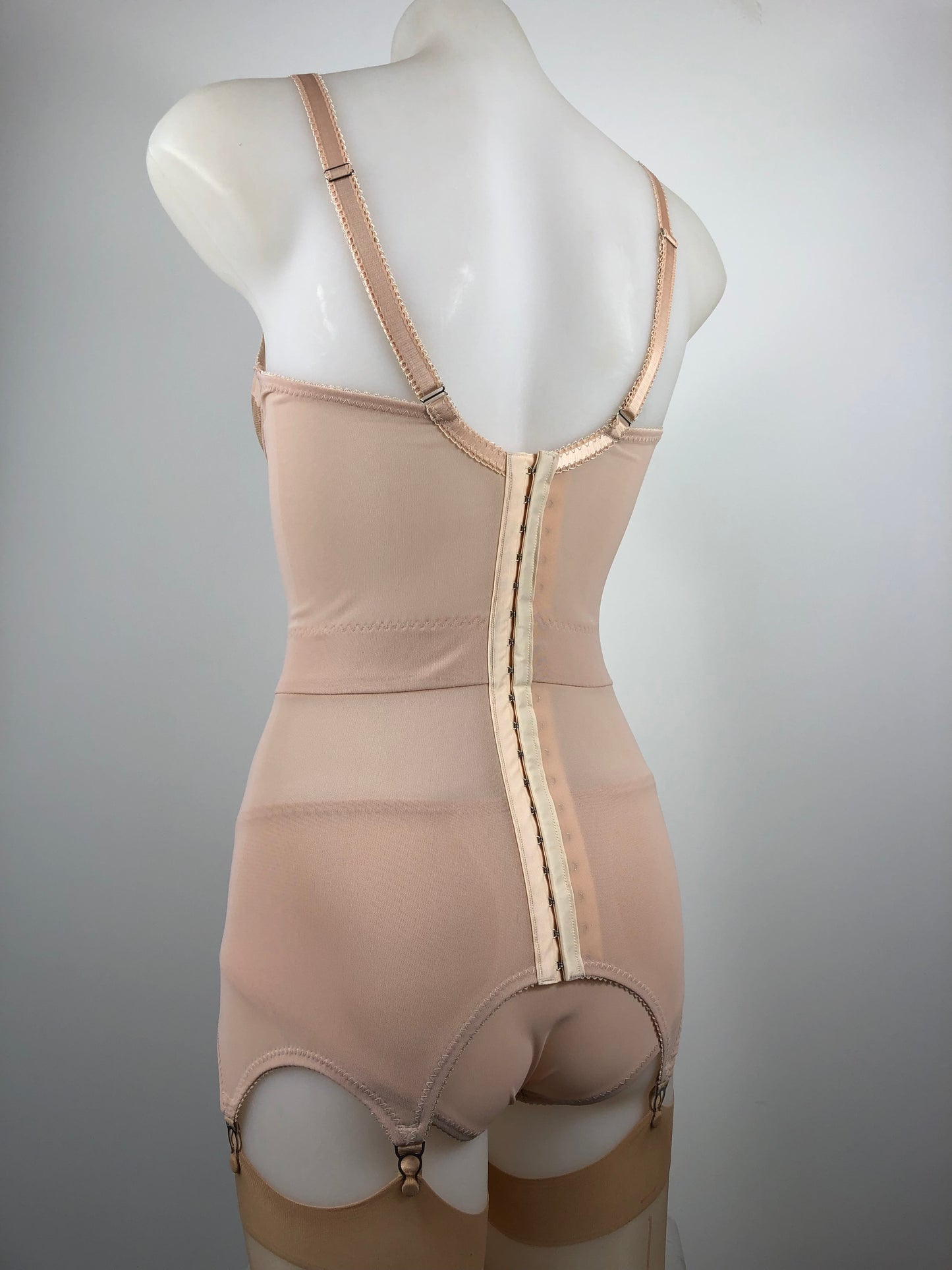 Peachy Beige lace lingerie. 1950s nude faux vintage underwear range odette. Offering longline bra, longline girdle, 6 strap garter belt and pantie girdle high waisted knickers with detachable suspender straps