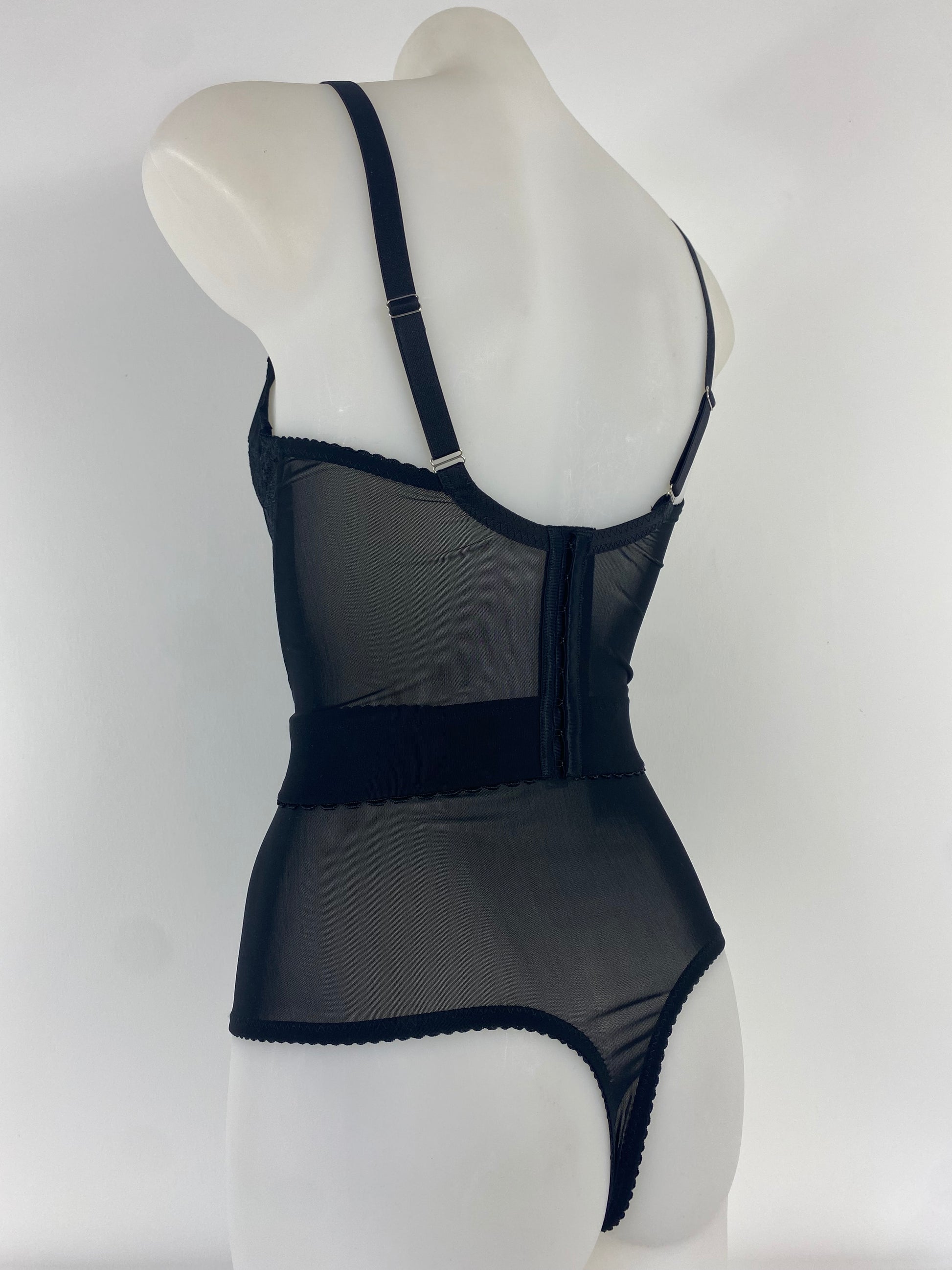 Black Cameo high waisted black lace thong with one-piece shaping mesh body and no side or back seams